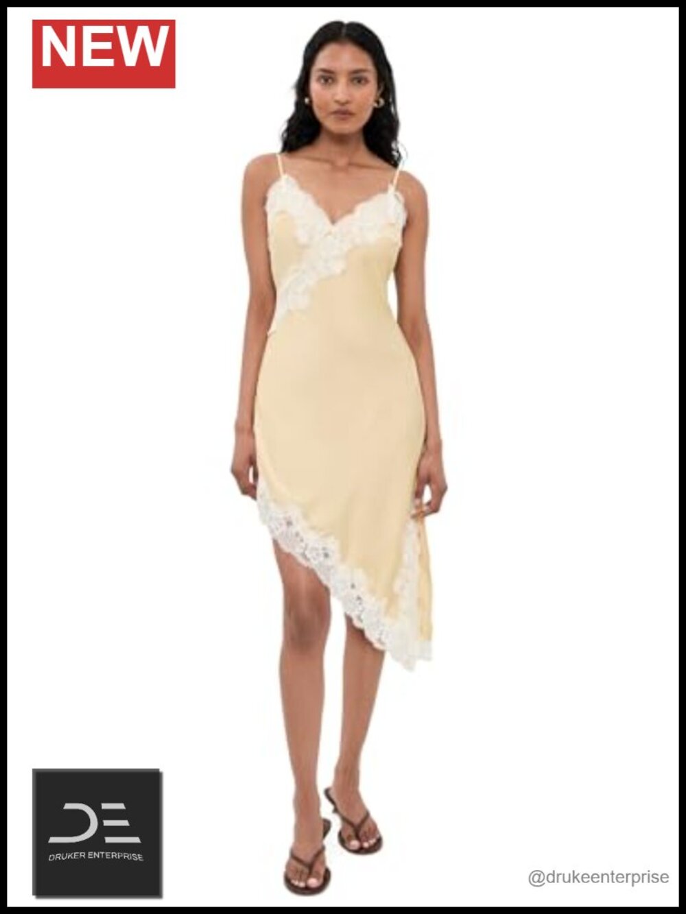 Bailey Rose Women's Satin Midi Dress Lace Trim Asymmetrical Hem